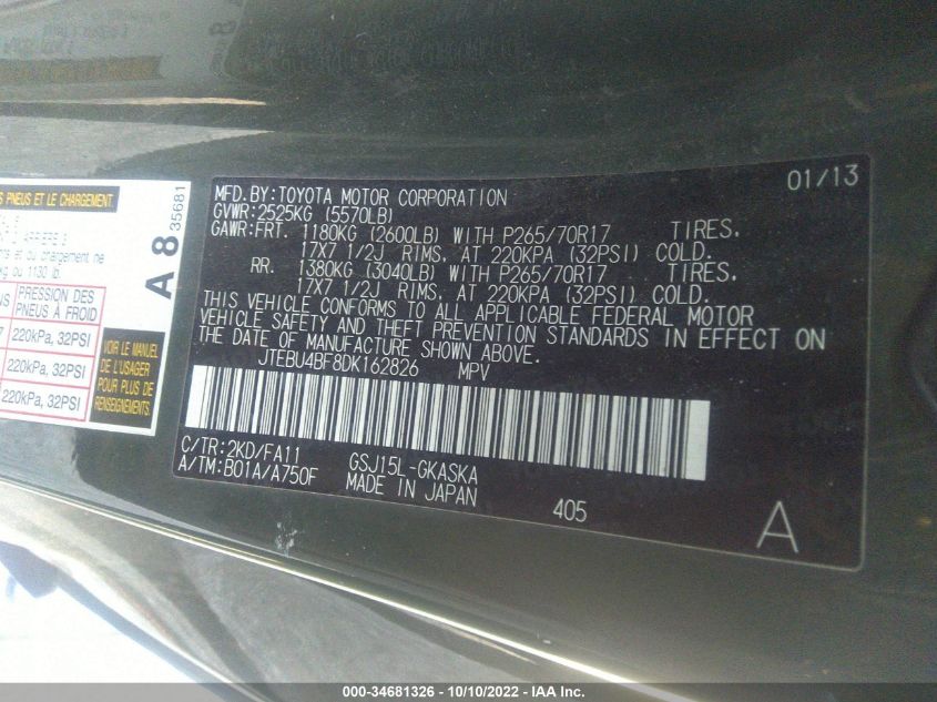 2013 TOYOTA FJ CRUISER JTEBU4BF8DK162826