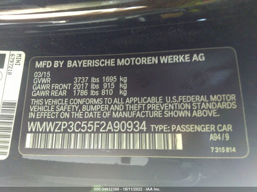2015 MINI COOPER CONVERTIBLE S WMWZP3C55F2A90934