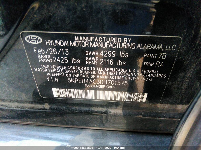 VIN 5NPEB4AC3DH701575 2013 HYUNDAI SONATA no.9