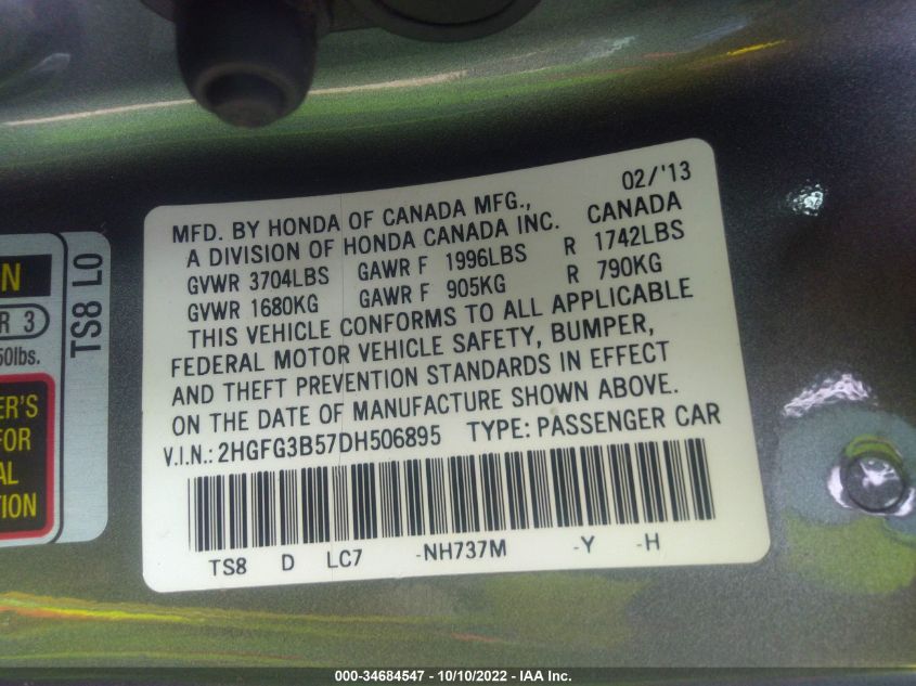 2013 HONDA CIVIC CPE LX 2HGFG3B57DH506895