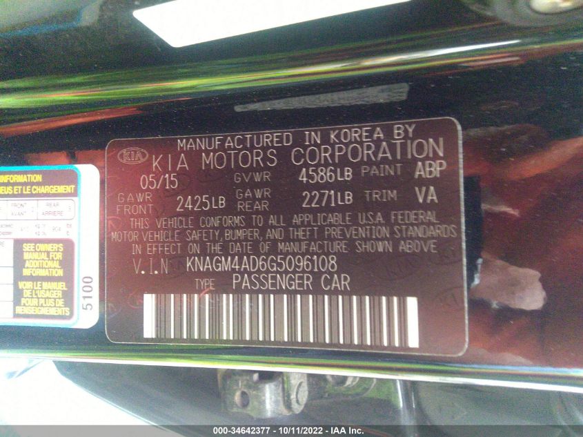 2016 KIA OPTIMA HYBRID KNAGM4AD6G5096108