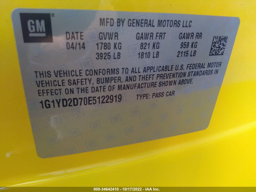 2014 CHEVROLET CORVETTE STINGRAY 2LT 1G1YD2D70E5122919