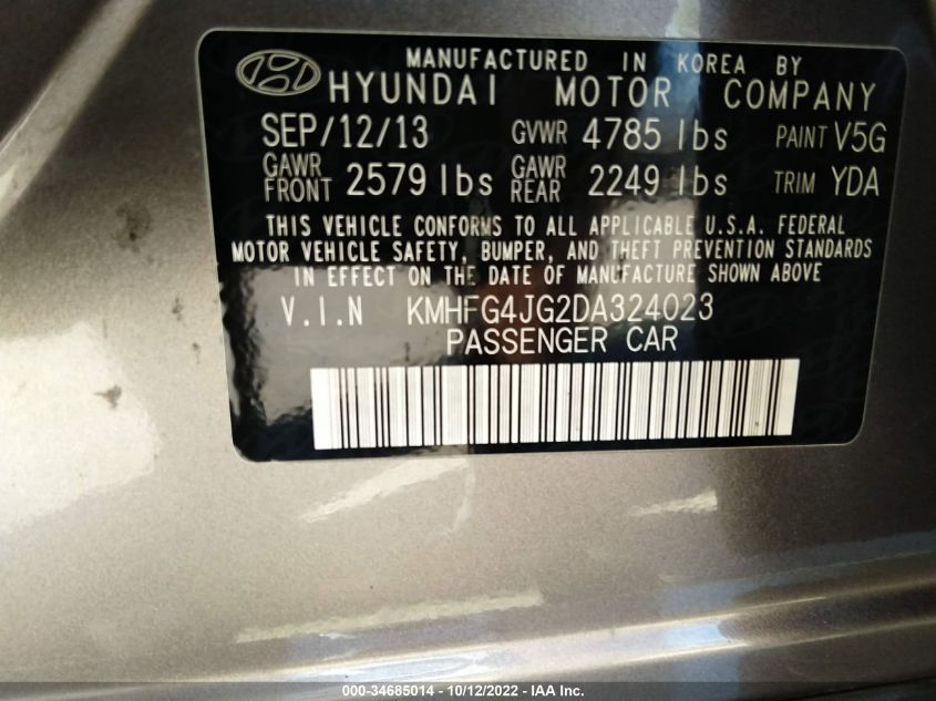 2013 HYUNDAI AZERA KMHFG4JG2DA324023