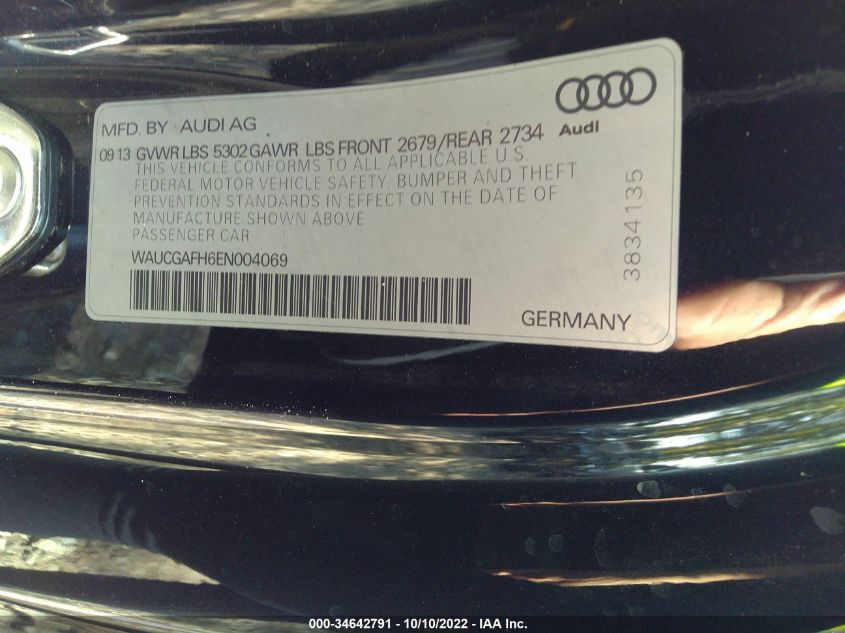 2014 AUDI S5 PREMIUM PLUS WAUCGAFH6EN004069