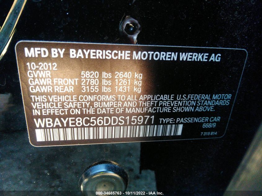 2013 BMW 7 SERIES 750LI WBAYE8C56DDS15971
