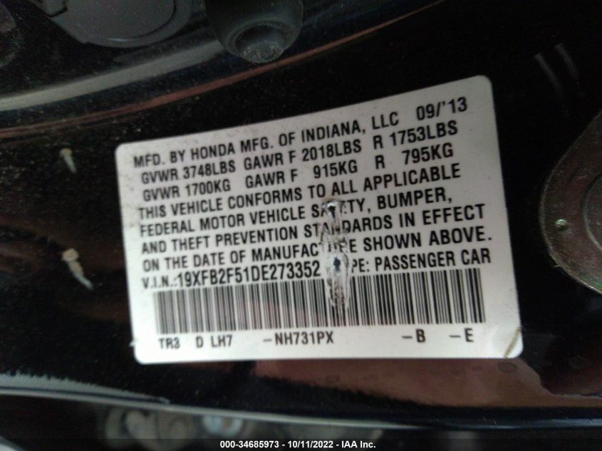 2013 HONDA CIVIC LX - 19XFB2F51DE273352