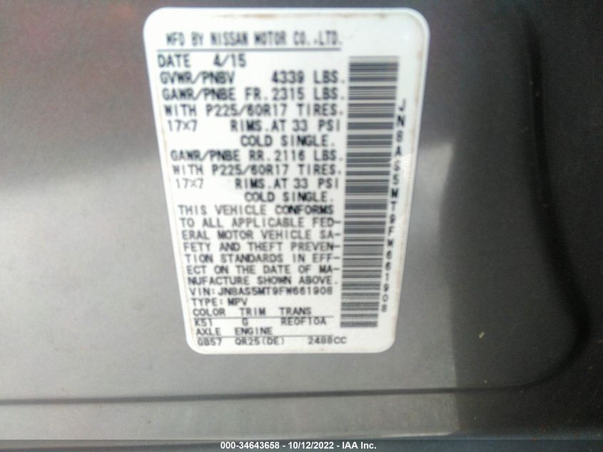 2015 NISSAN ROGUE SELECT S JN8AS5MT9FW661908