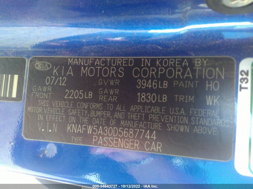 2013 KIA FORTE 5-DOOR SX KNAFW5A30D5687744