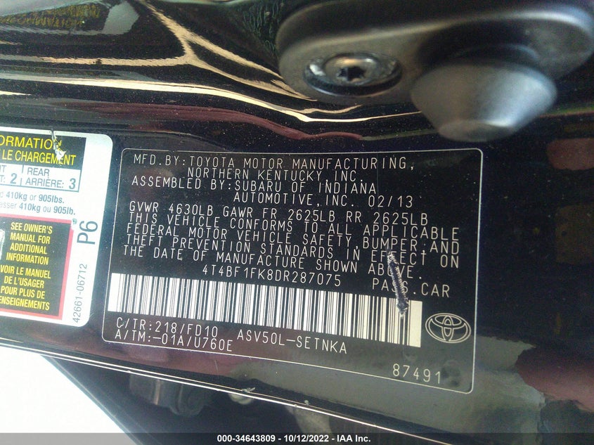 2013 TOYOTA CAMRY L/LE/SE/XLE VIN: 4T4BF1FK8DR287075