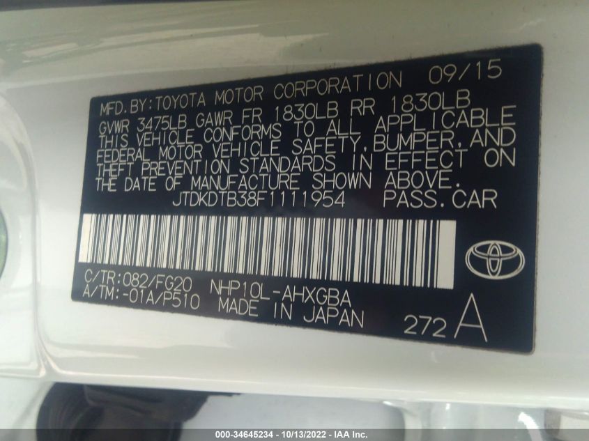 2015 TOYOTA PRIUS C ONE/TWO/THREE/FOUR JTDKDTB38F1111954