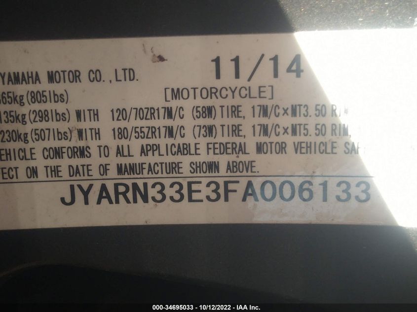 2015 YAMAHA FZ09 JYARN33E3FA006133