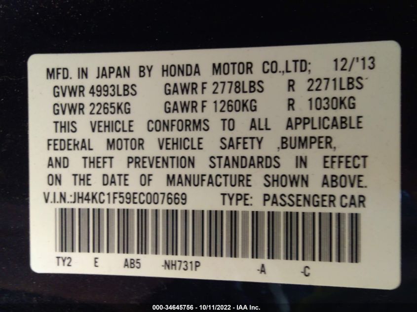 2014 ACURA RLX TECH PKG JH4KC1F59EC007669