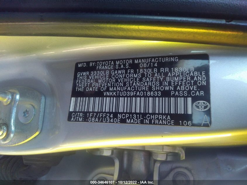 2015 TOYOTA YARIS L/SE/LE VNKKTUD39FA018633
