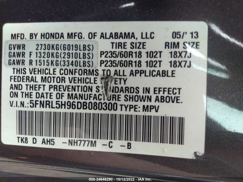 VIN 5FNRL5H96DB080300 2013 HONDA ODYSSEY no.9