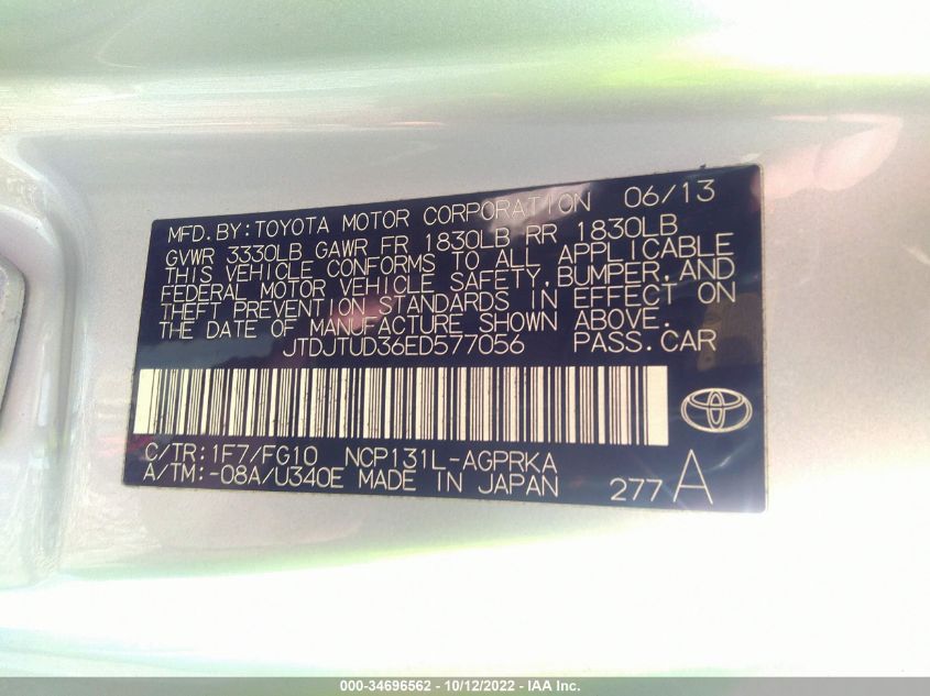 2014 TOYOTA YARIS L/LE JTDJTUD36ED577056