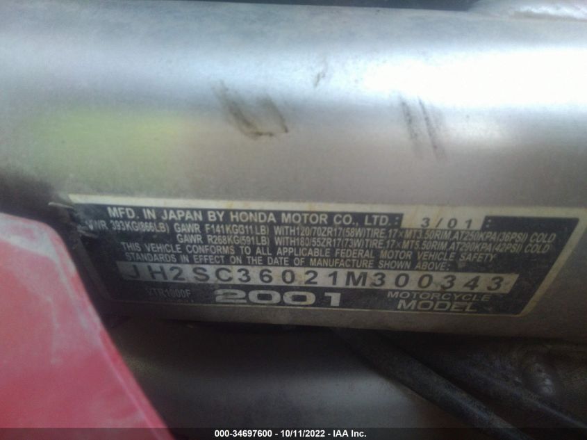 2001 HONDA VTR1000 F JH2SC36021M300343