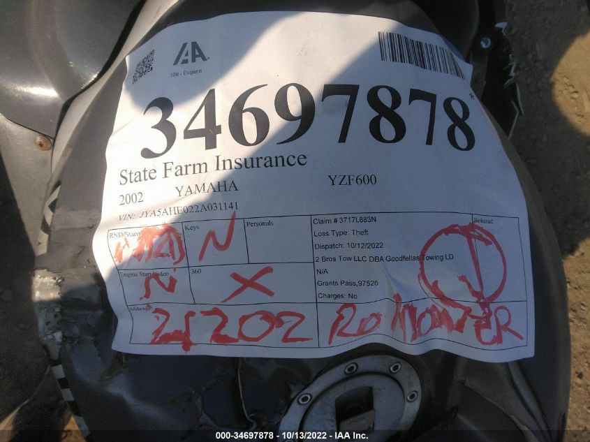 2002 YAMAHA YZF600 R JYA5AHE022A031141