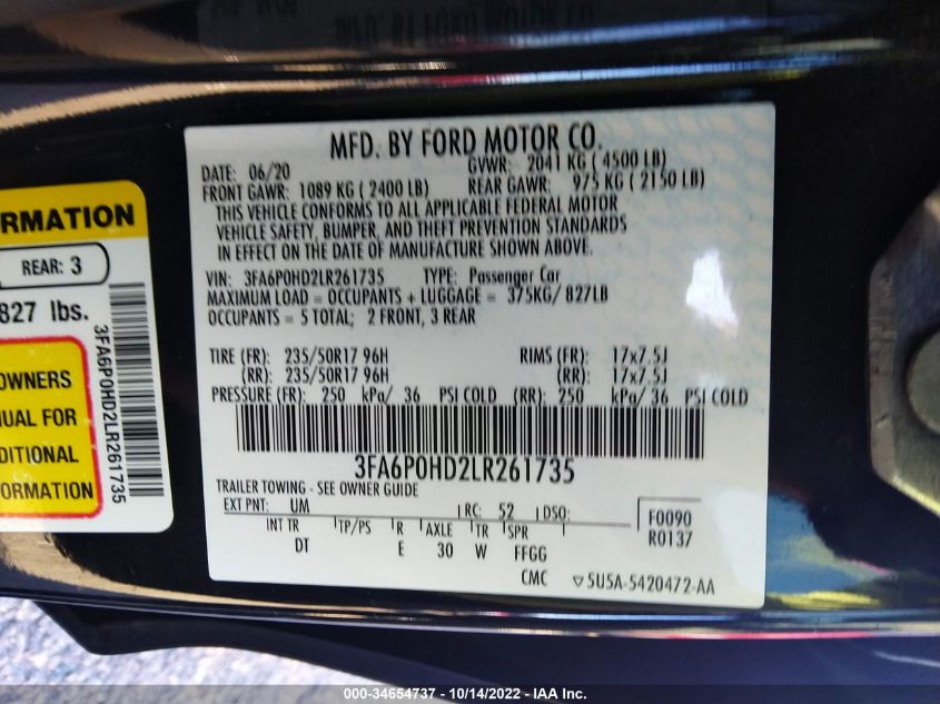 3FA6P0HD2LR261735 2020 FORD FUSION, photo no. 9