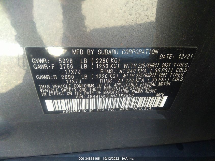 VIN 4S4BTGUD0N3183956 2022 SUBARU OUTBACK no.9