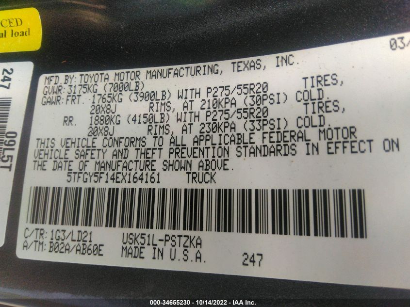 2014 TOYOTA TUNDRA 2WD TRUCK 1794/PLATINUM - 5TFGY5F14EX164161