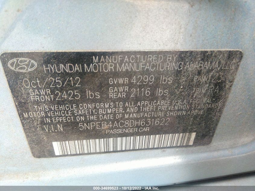 VIN 5NPEB4AC8DH631622 2013 HYUNDAI SONATA no.9