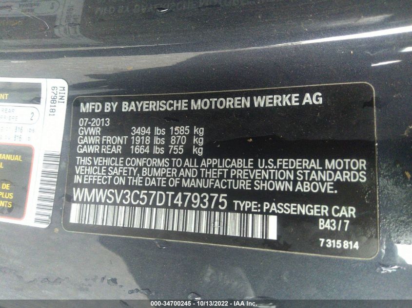 2013 MINI COOPER HARDTOP S WMWSV3C57DT479375