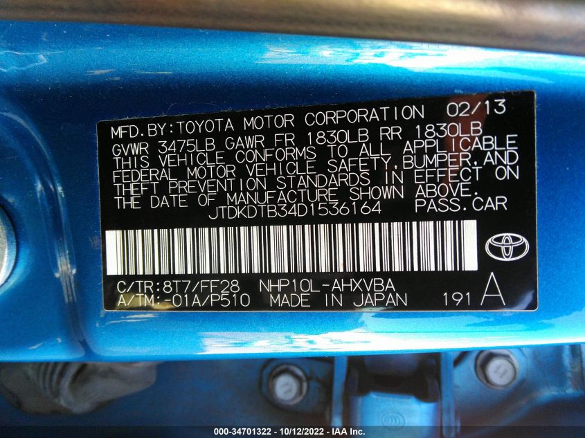 2013 TOYOTA PRIUS C ONE/TWO/THREE/FOUR JTDKDTB34D1536164