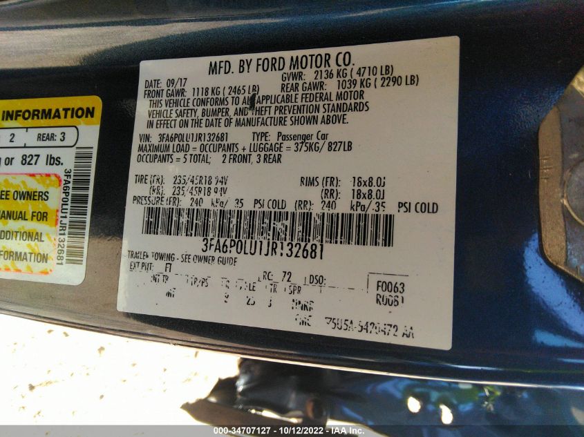2018 FORD FUSION HYBRID SE 3FA6P0LU1JR132681