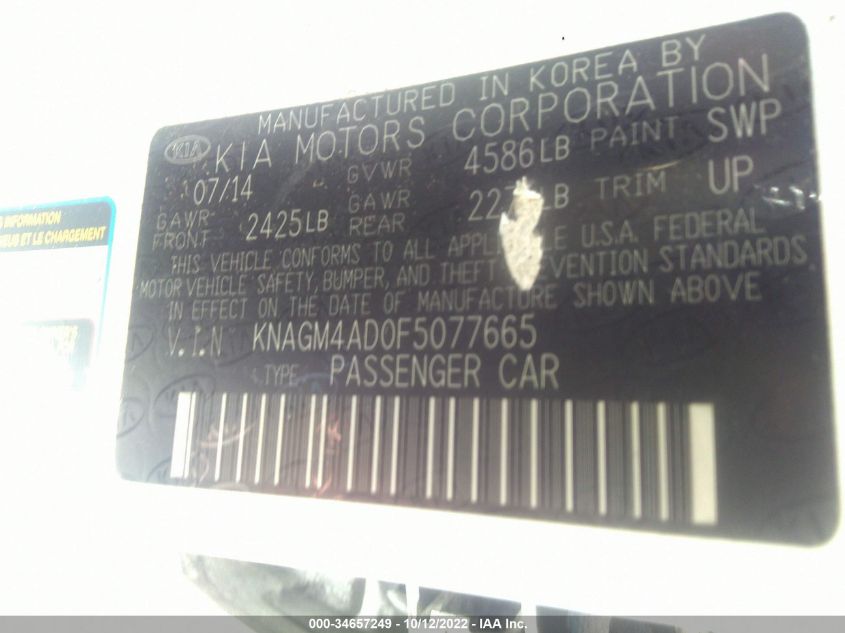 2015 KIA OPTIMA HYBRID KNAGM4AD0F5077665