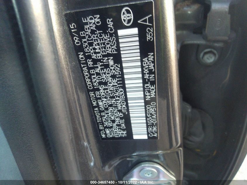 2015 TOYOTA PRIUS C ONE/TWO/THREE/FOUR JTDKDTB30F1111592