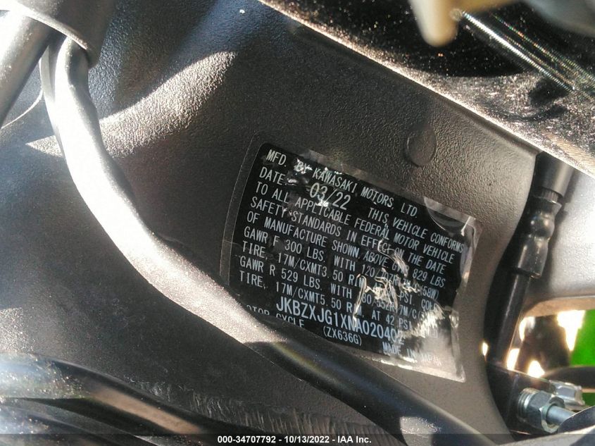 2022 KAWASAKI ZX636 K JKBZXJG1XNA020402