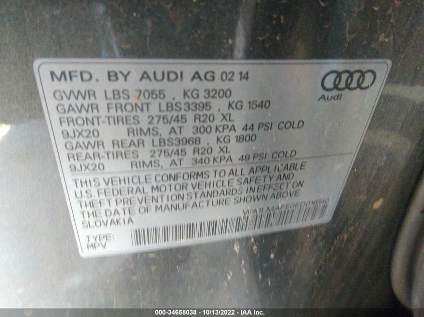 2014 AUDI Q7 3.0L TDI PREMIUM PLUS WA1LMAFE0ED016140