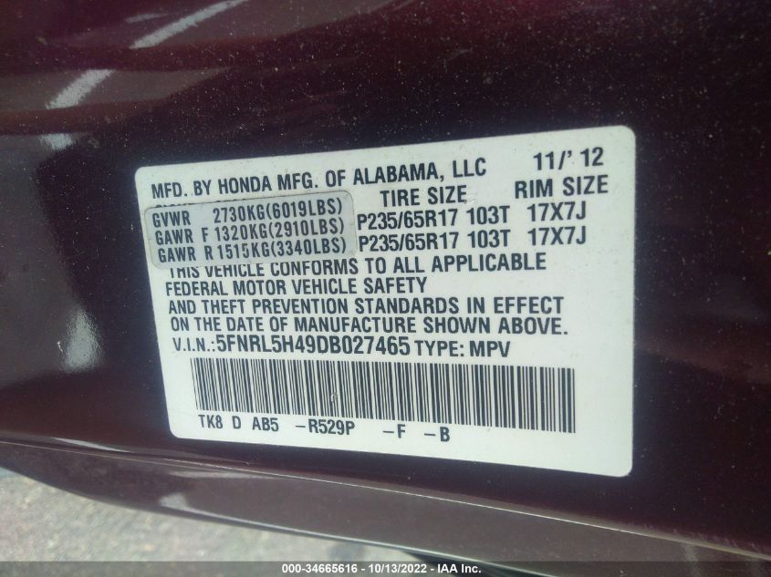 VIN 5FNRL5H49DB027465 2013 HONDA ODYSSEY no.9