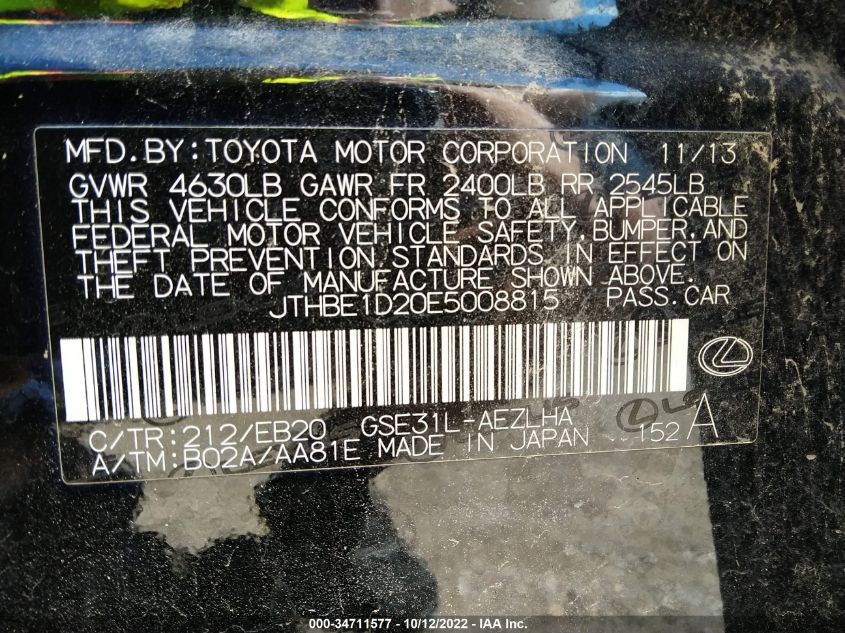 2014 LEXUS IS 350 JTHBE1D20E5008815