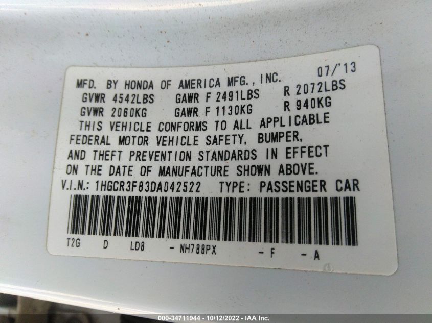 2013 HONDA ACCORD SDN EX-L 1HGCR3F83DA042522