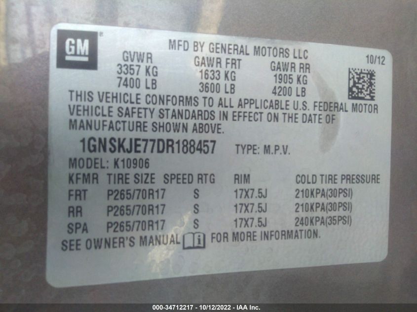 2013 CHEVROLET SUBURBAN LT 1GNSKJE77DR188457