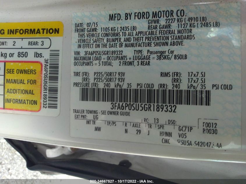 2016 FORD FUSION ENERGI TITANIUM 3FA6P0SU5GR189332