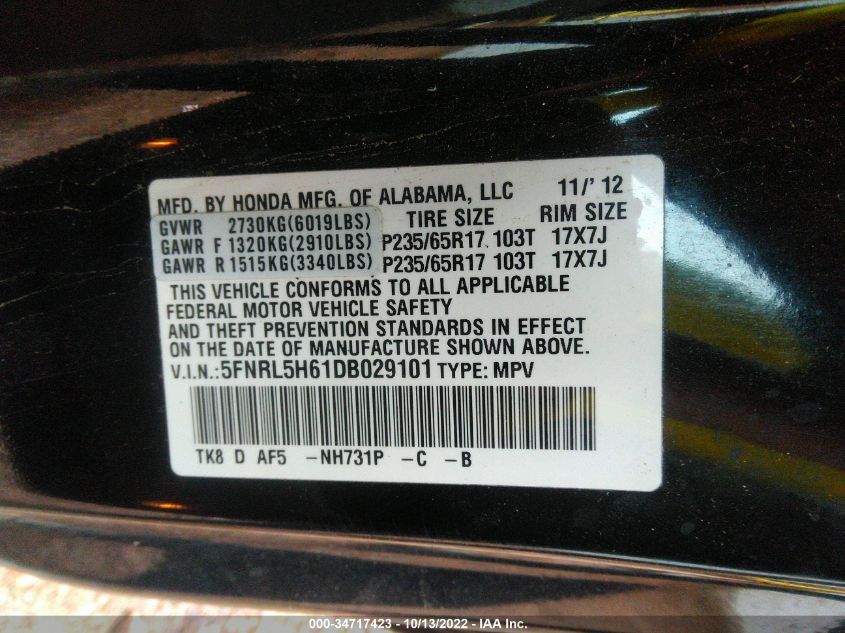 VIN 5FNRL5H61DB029101 2013 HONDA ODYSSEY no.9