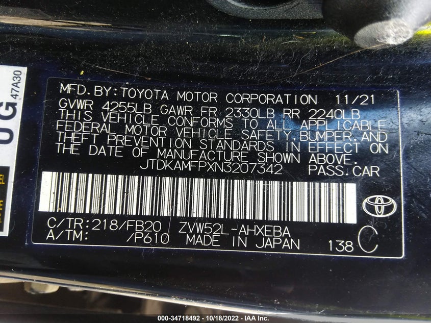 VIN JTDKAMFPXN3207342 2022 TOYOTA PRIUS PRIME LE/XLE/LIMITED