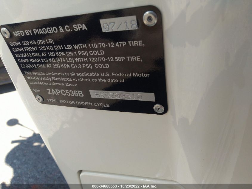 2019 VESPA PRIMAVERA ZAPC536B5K5300310