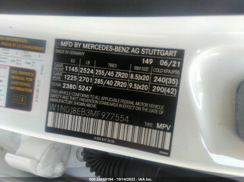 2021 MERCEDES-BENZ GLC GLC 300 W1N0J8EB3MF977554