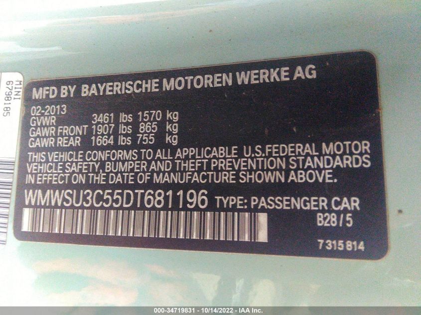 2013 MINI COOPER HARDTOP WMWSU3C55DT681196