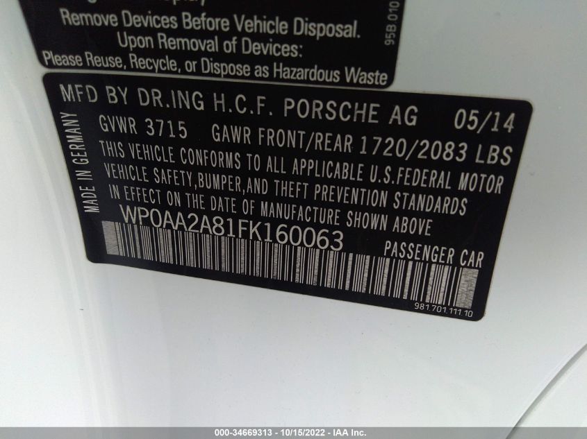 2015 PORSCHE CAYMAN WP0AA2A81FK160063