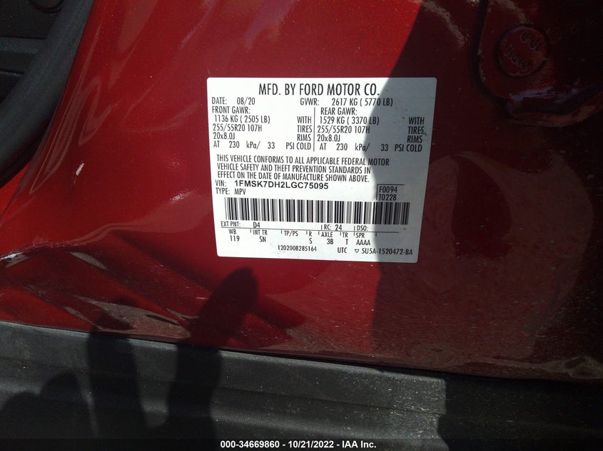 VIN 1FMSK7DH2LGC75095 2020 FORD EXPLORER XLT