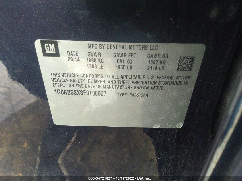 2015 CADILLAC ATS SEDAN LUXURY RWD 1G6AB5SX8F0108657