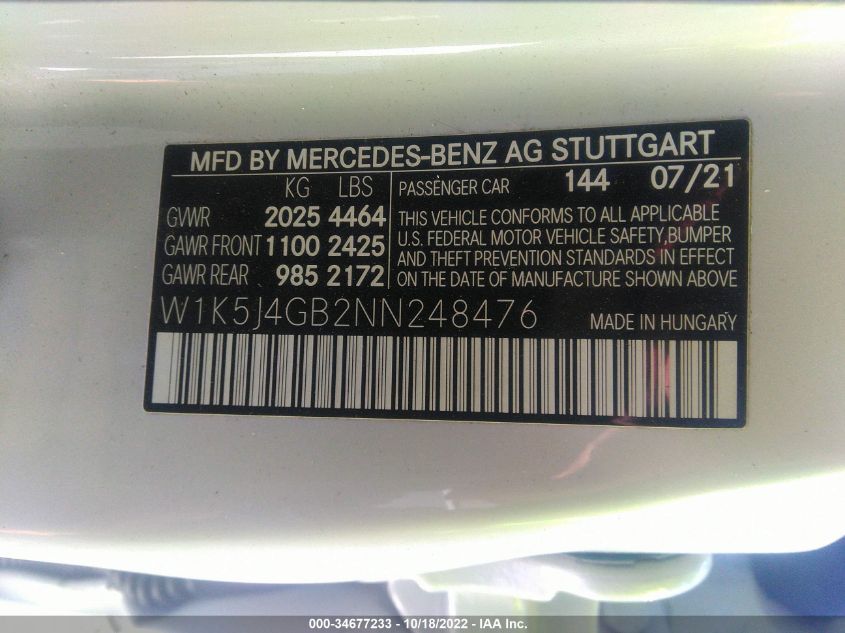 VIN W1K5J4GB2NN248476 2022 MERCEDES-BENZ CLA no.9