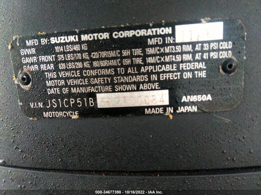 2011 SUZUKI AN650 A JS1CP51B5B2100084
