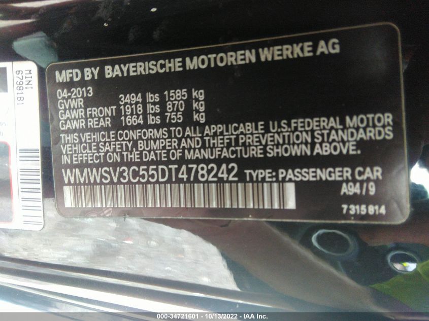 2013 MINI COOPER HARDTOP S WMWSV3C55DT478242