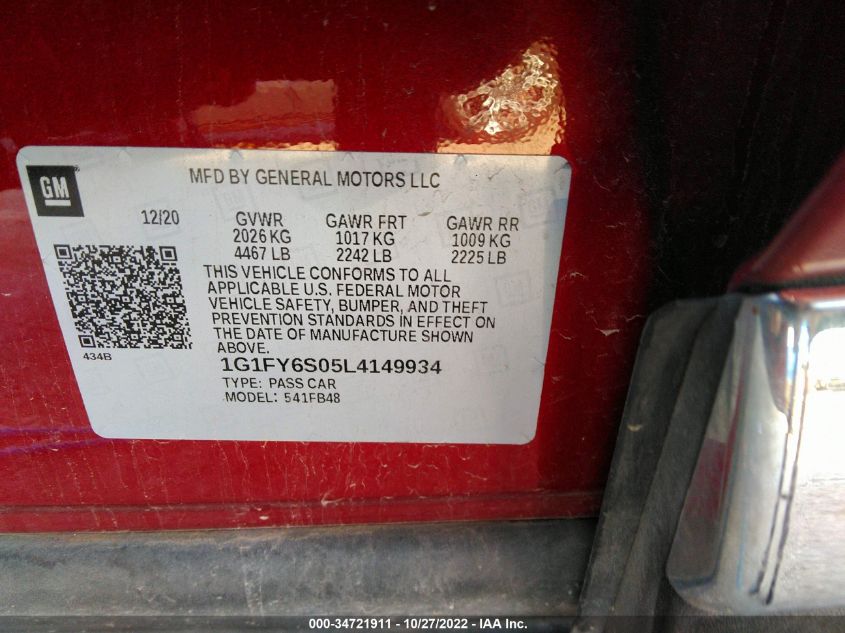 2020 CHEVROLET BOLT EV LT 1G1FY6S05L4149934