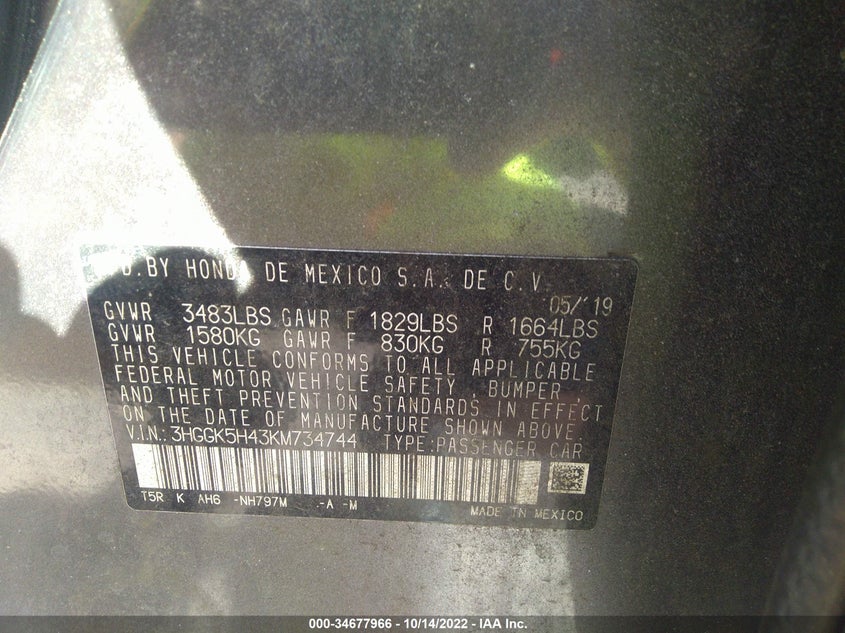 VIN 3HGGK5H43KM734744 2019 HONDA FIT LX